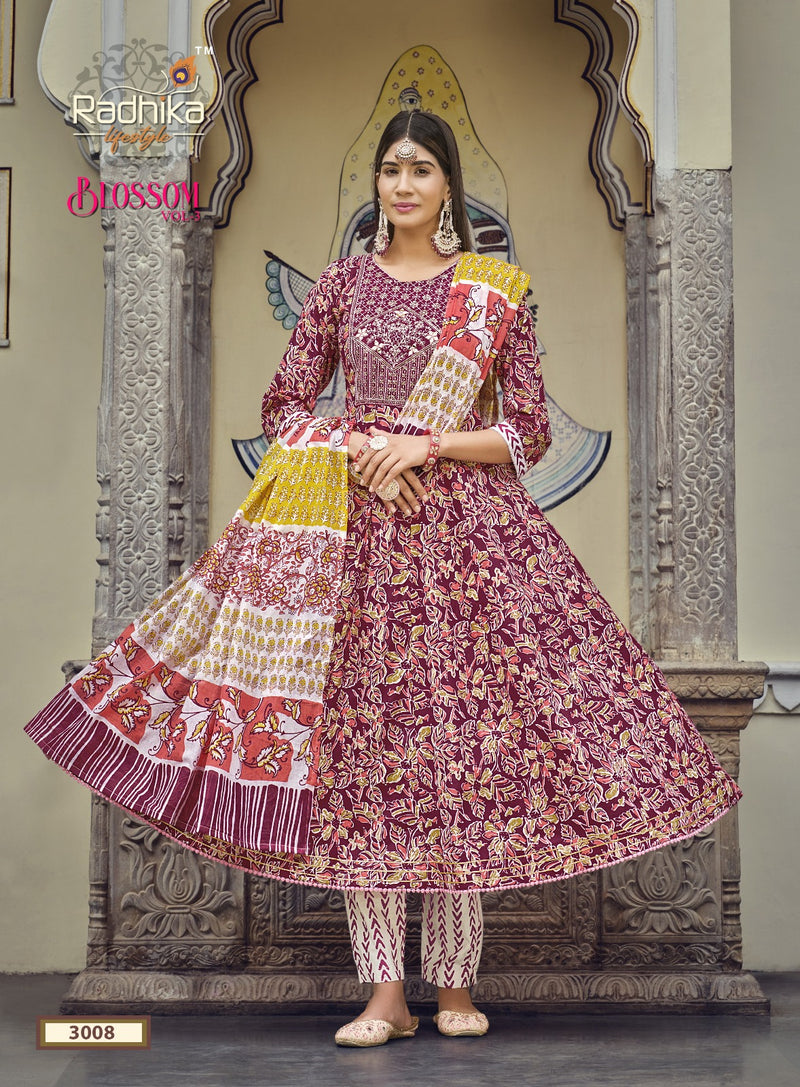 Radhika Life Style Blossom Vol 3 Cotton Print With Embroidery Work Kurti Combo Set