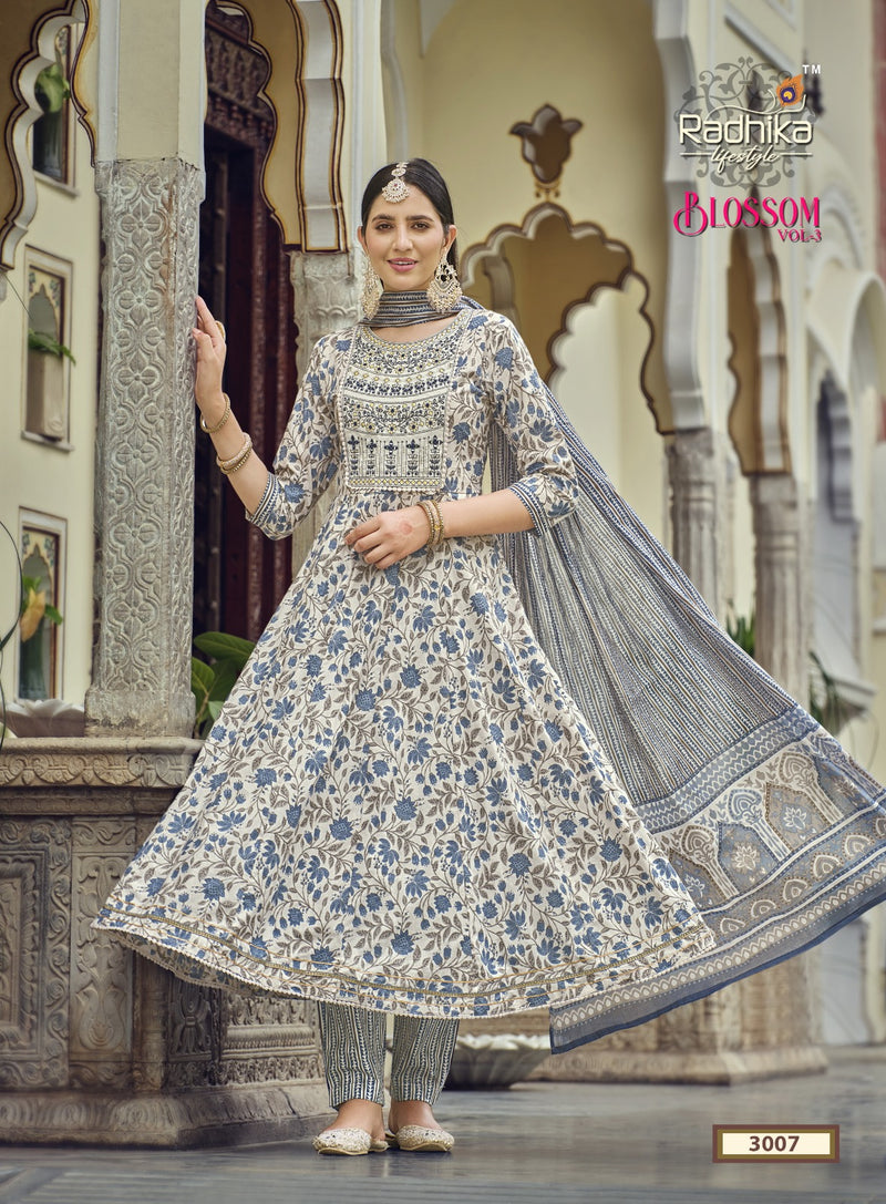 Radhika Life Style Blossom Vol 3 Cotton Print With Embroidery Work Kurti Combo Set