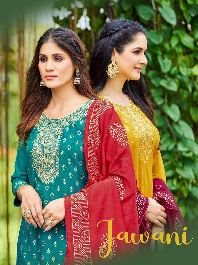 Blue Hills Jawani Viscose Foil Printed With Embroidery Work Fancy Kurti Collection