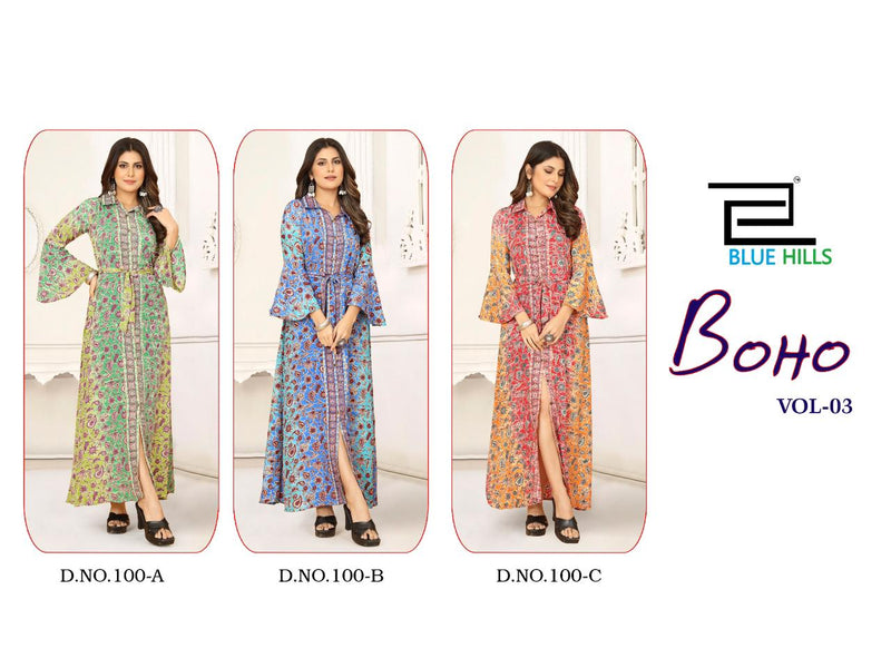 Blue Hills Boho Vol 3 Crepe Heavy Printed Long Kurti Collection