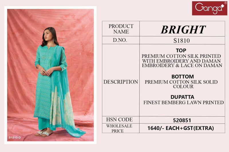 Ganga Bright 1810 Silk Cotton Printed With Embroidery Work Suits