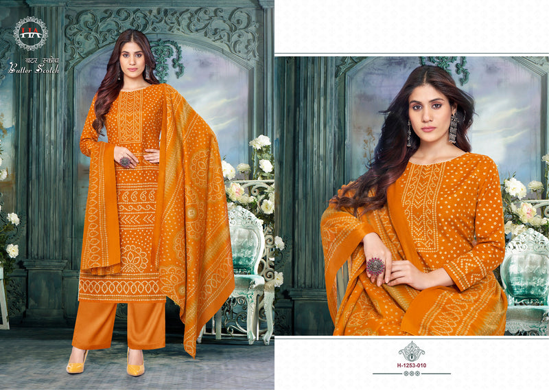 Harshit Fashion Hub Butter Scotch Cotton Bandhani Print Swarovski Diamond Work Casual Wear Salwar Suits