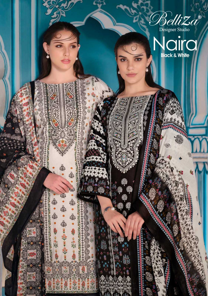 Belliza Designer Studio Naira Black And White Pure Cotton Digital Prints With Exclusive Heavy Self Embroidery Salwar Kameez