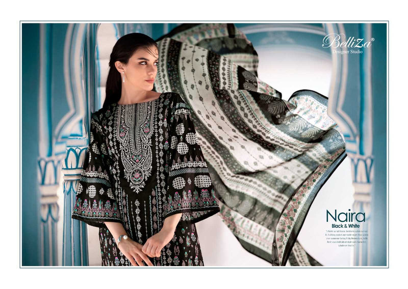 Belliza Designer Studio Naira Black And White Pure Cotton Digital Prints With Exclusive Heavy Self Embroidery Salwar Kameez