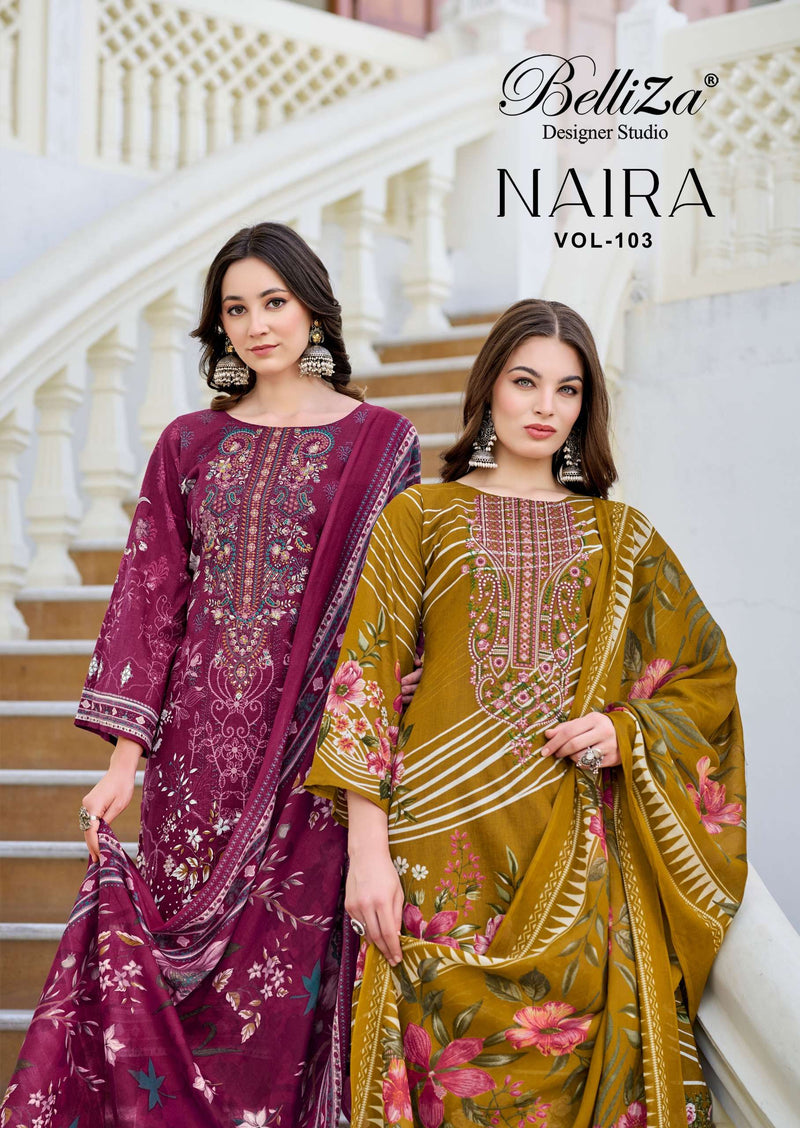 Belliza Designer Studio Naira Vol 103 Pure Cotton Fancy Embroidered Salwar Kameez