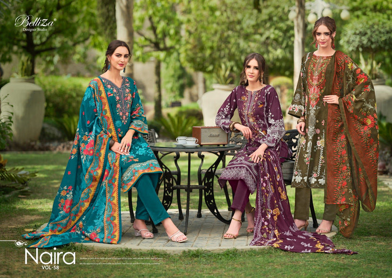 Belliza Designer Studio Naira Vol 58 Pure Cotton Digital Print Self Embroidery Work Salwar Suit
