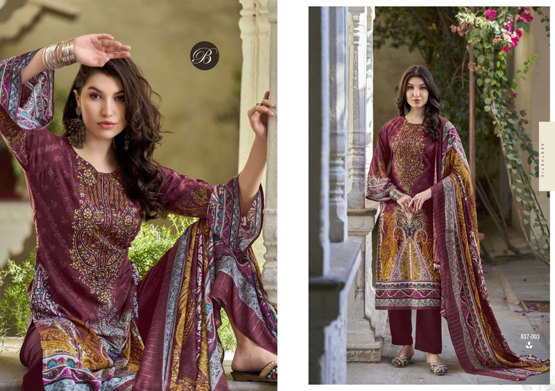 Belliza Designer Studio Riwayat Vol 11 Pure Viscose Rayon Digital Print Embroidered Work Suit