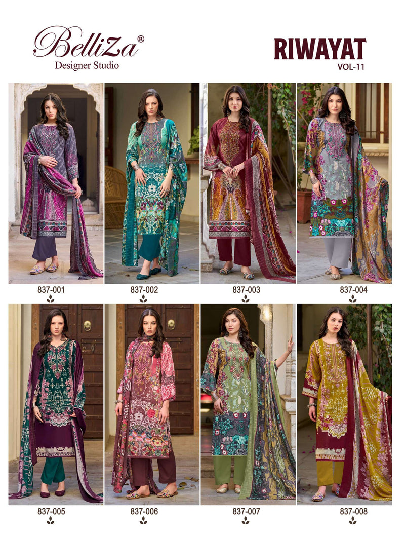Belliza Designer Studio Riwayat Vol 11 Pure Viscose Rayon Digital Print Embroidered Work Suit