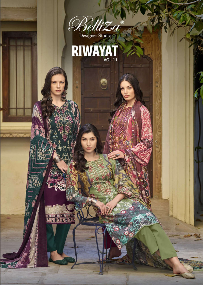 Belliza Designer Studio Riwayat Vol 11 Pure Viscose Rayon Digital Print Embroidered Work Suit