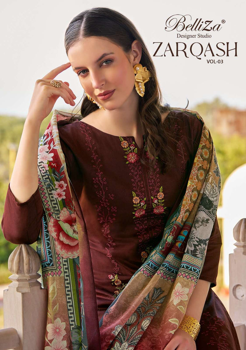 Belliza Designer Studio Zarqash Vol 3 Jam Cotton Fancy Work Salwar Suit