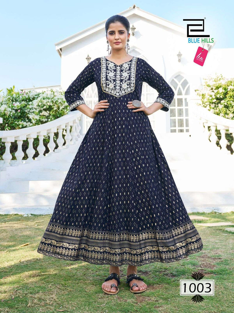 Blue Hills Block Bluster Nx Rayon Anarkali Gown With Neck Embroidery And Accessories Designer Kurti