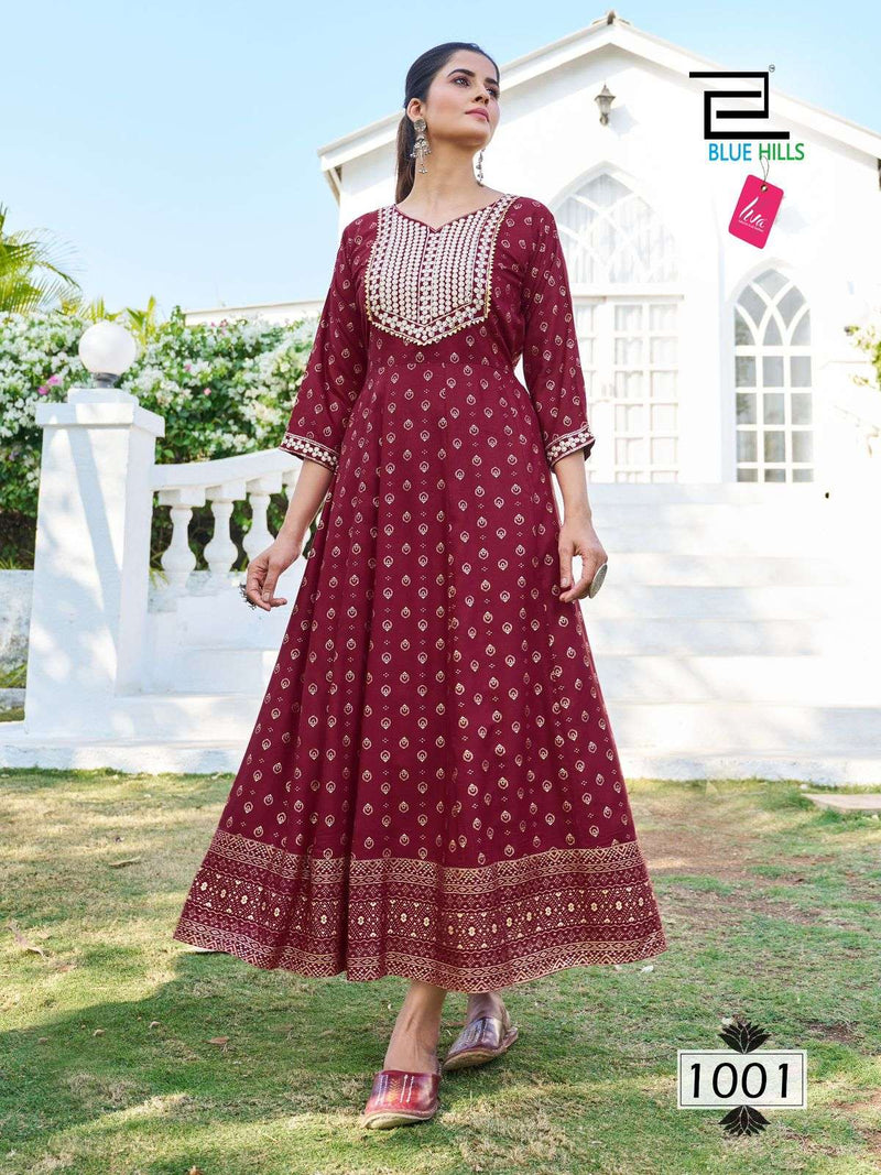 Blue Hills Block Bluster Nx Rayon Anarkali Gown With Neck Embroidery And Accessories Designer Kurti