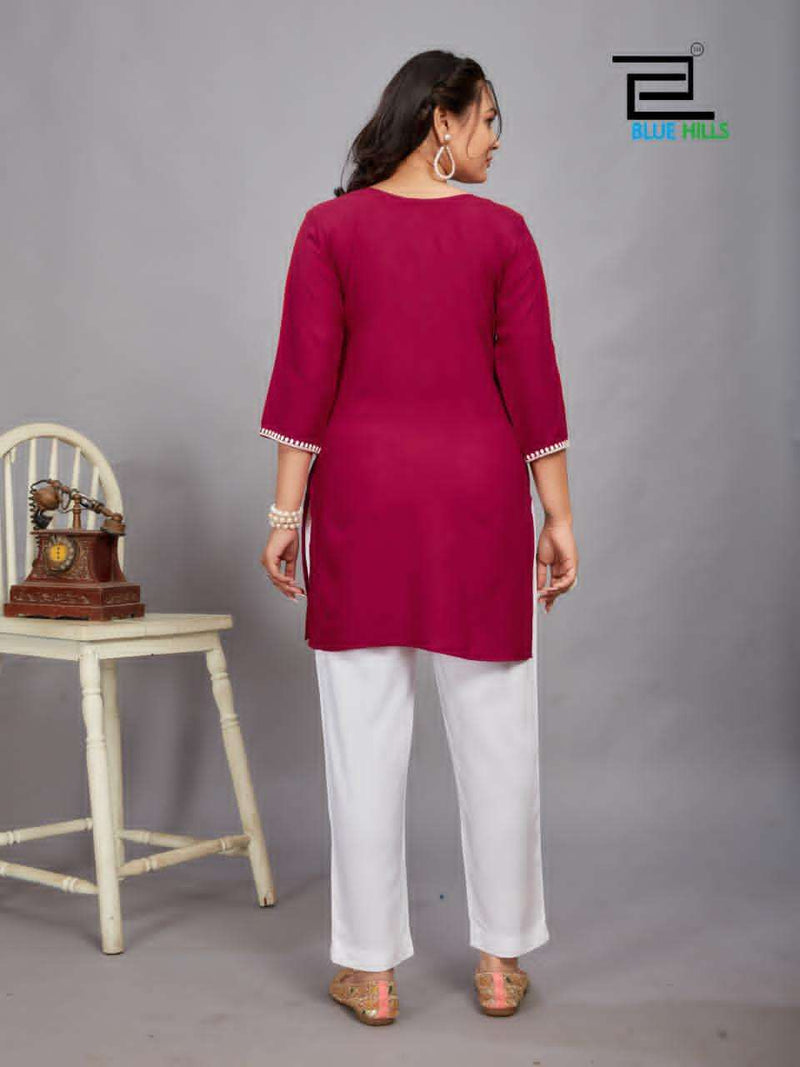 Blue Hills Divya Rayon Lucknowi Work Designer Short Fancy Work Of Kurti
