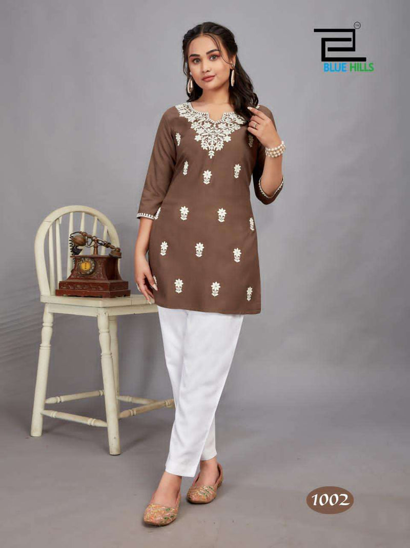 Blue Hills Divya Rayon Lucknowi Work Designer Short Fancy Work Of Kurti