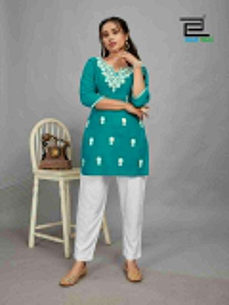 Blue Hills Divya Rayon Lucknowi Work Designer Short Fancy Work Of Kurti