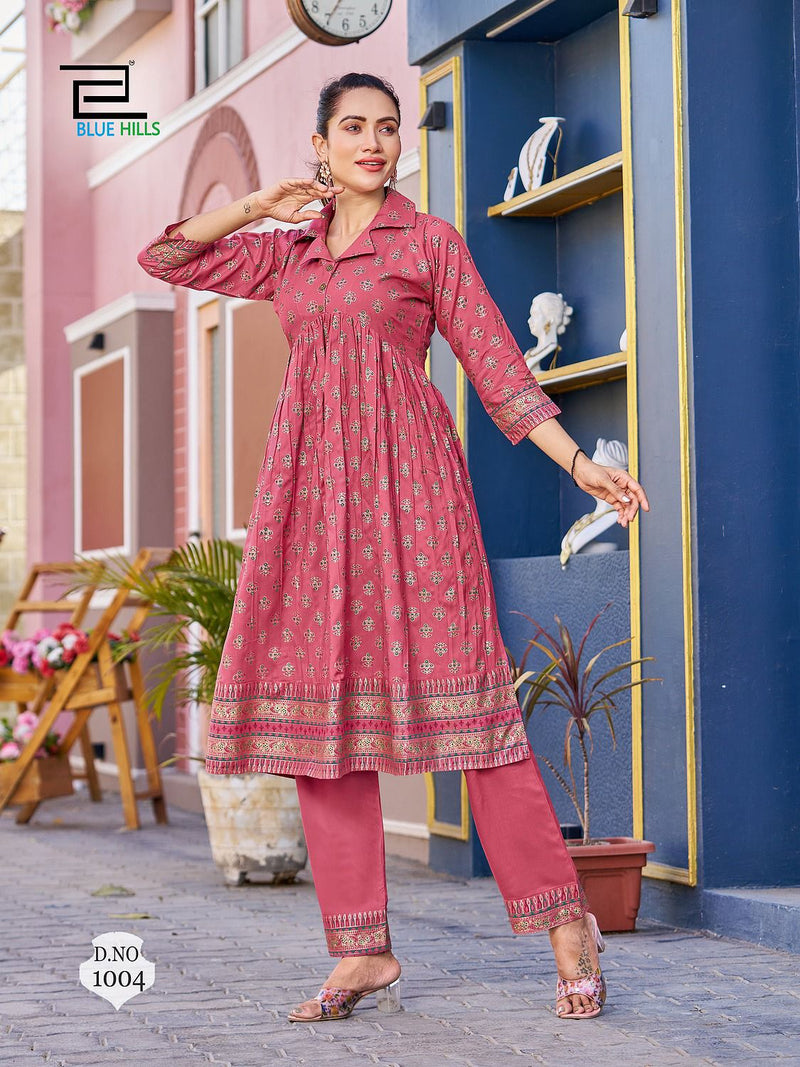 Blue Hills Cassata Rayon Foil Printed Nayra Style Kurti With Bottom