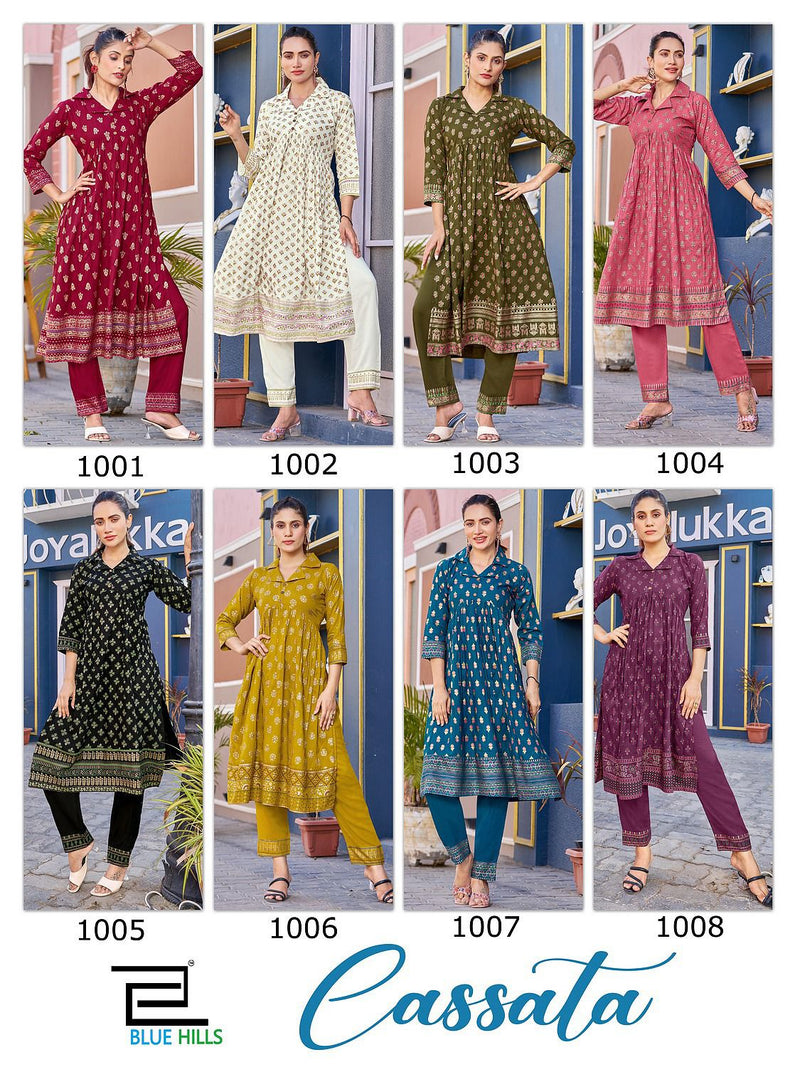 Blue Hills Cassata Rayon Foil Printed Nayra Style Kurti With Bottom