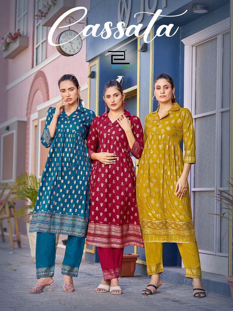 Blue Hills Cassata Rayon Foil Printed Nayra Style Kurti With Bottom