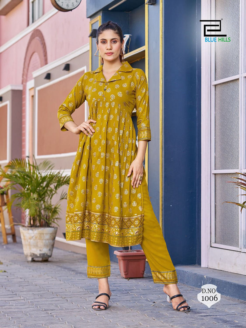 Blue Hills Cassata Rayon Foil Printed Nayra Style Kurti With Bottom