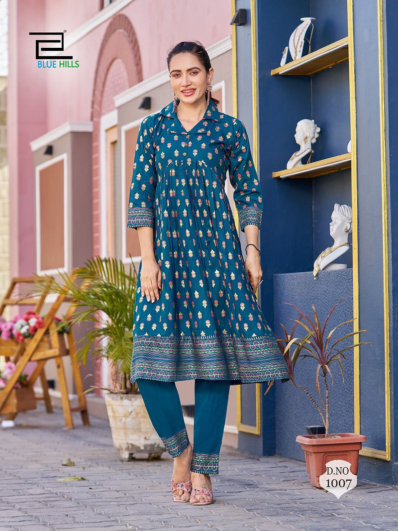 Blue Hills Cassata Rayon Foil Printed Nayra Style Kurti With Bottom