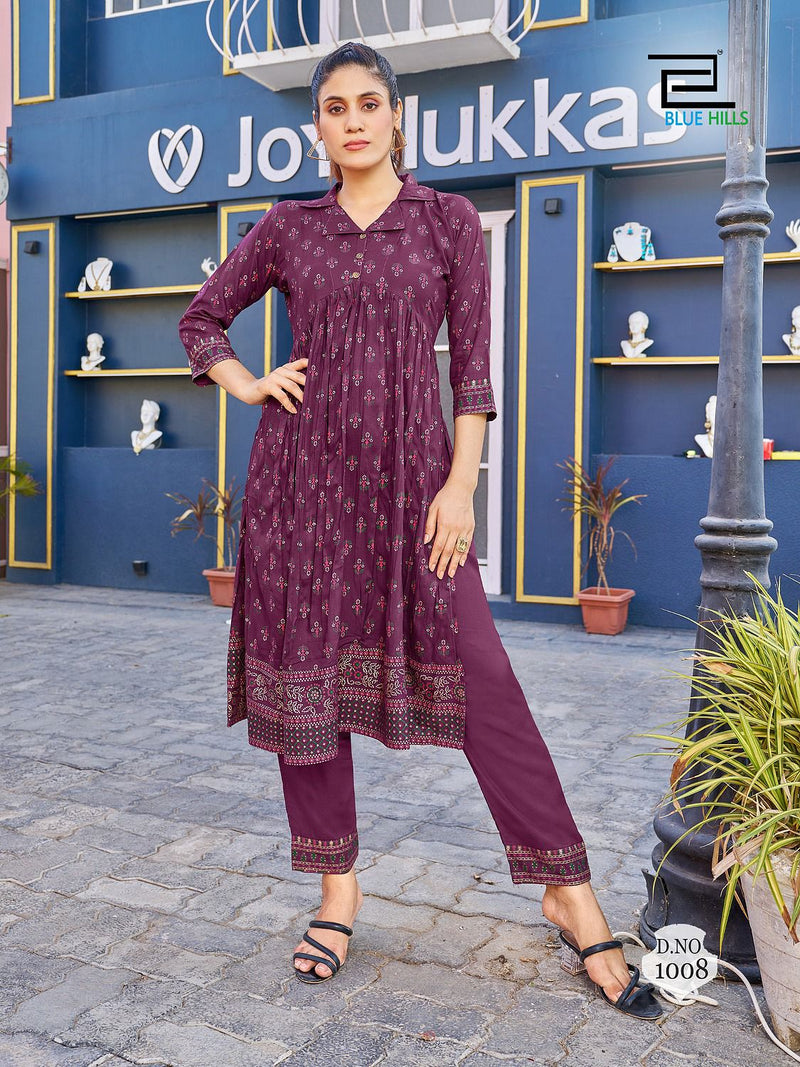 Blue Hills Cassata Rayon Foil Printed Nayra Style Kurti With Bottom