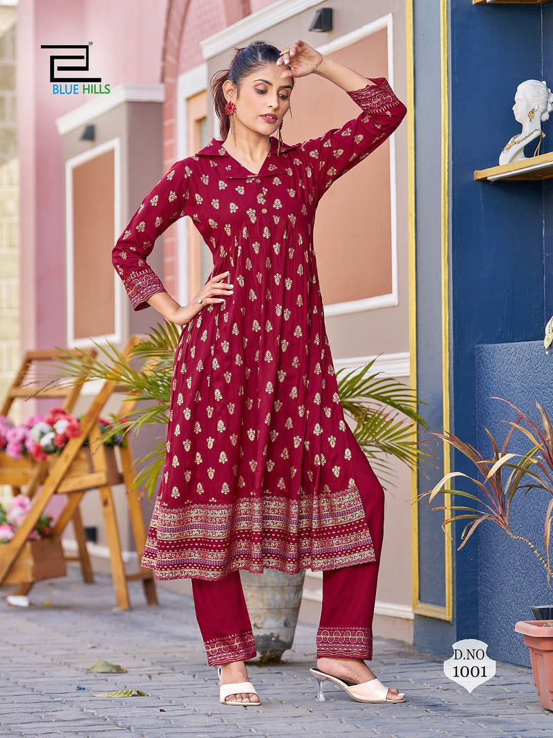 Blue Hills Cassata Rayon Foil Printed Nayra Style Kurti With Bottom