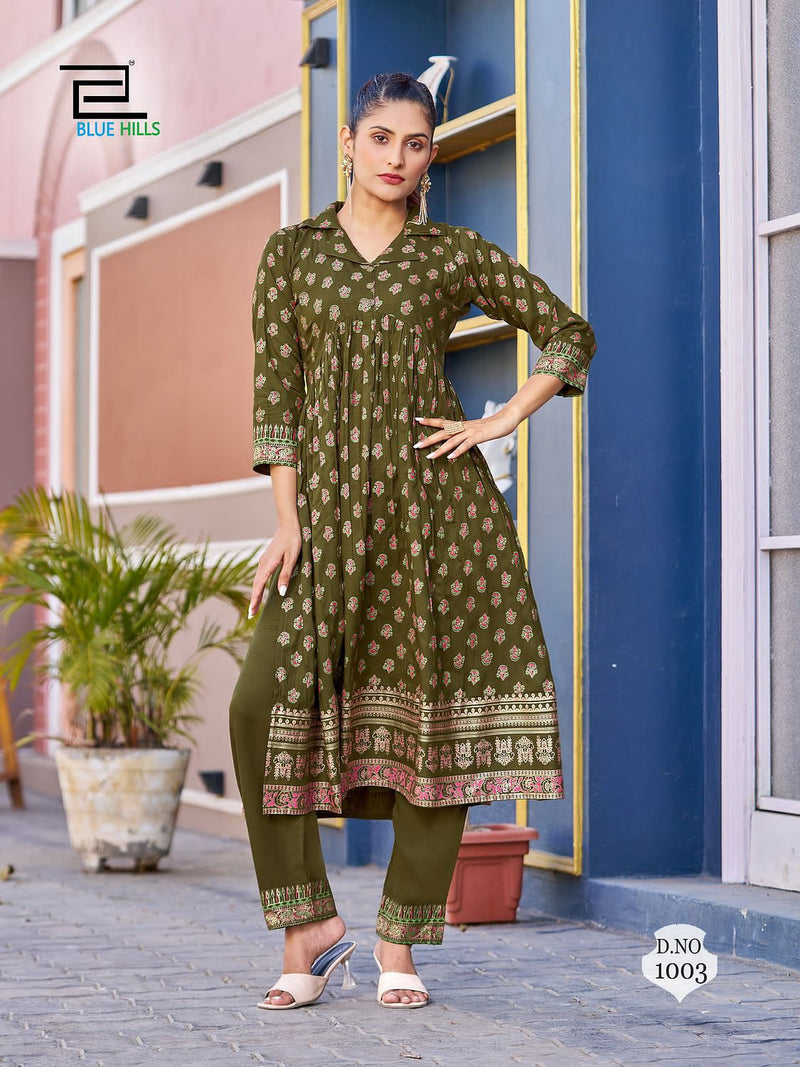 Blue Hills Cassata Rayon Foil Printed Nayra Style Kurti With Bottom