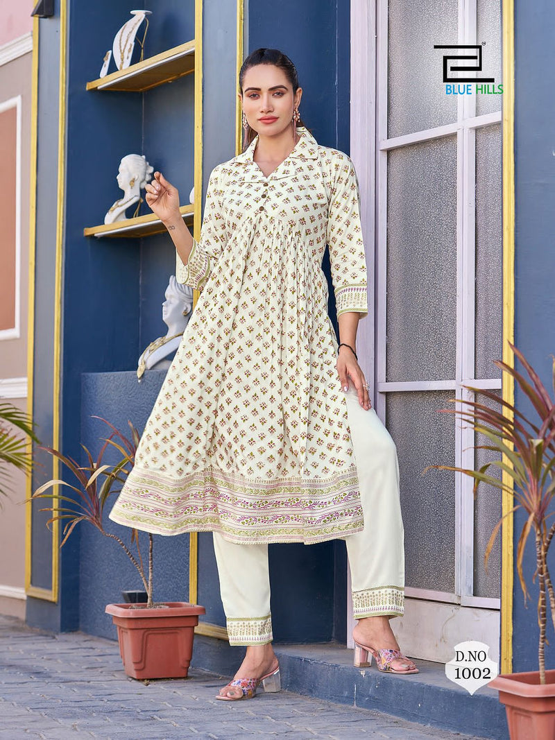 Blue Hills Cassata Rayon Foil Printed Nayra Style Kurti With Bottom