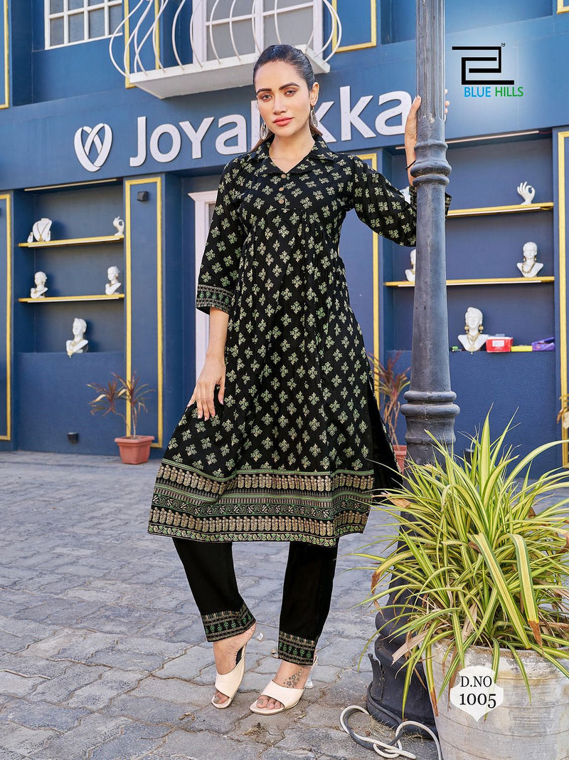 Blue Hills Cassata Rayon Foil Printed Nayra Style Kurti With Bottom