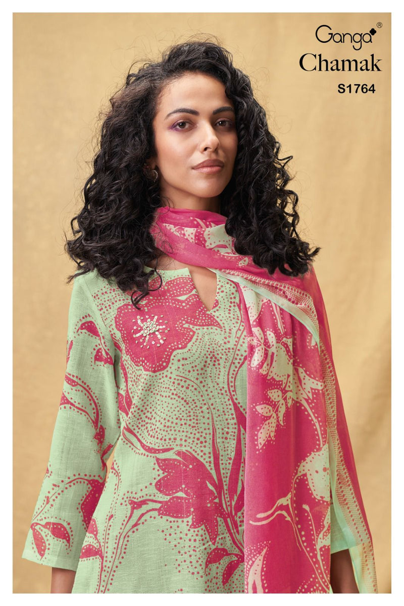 Ganga Chamak 1764 Printed Linen With Fancy Hand Work Designer Suits