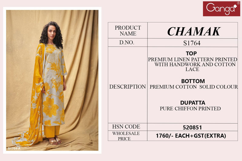 Ganga Chamak 1764 Printed Linen With Fancy Hand Work Designer Suits
