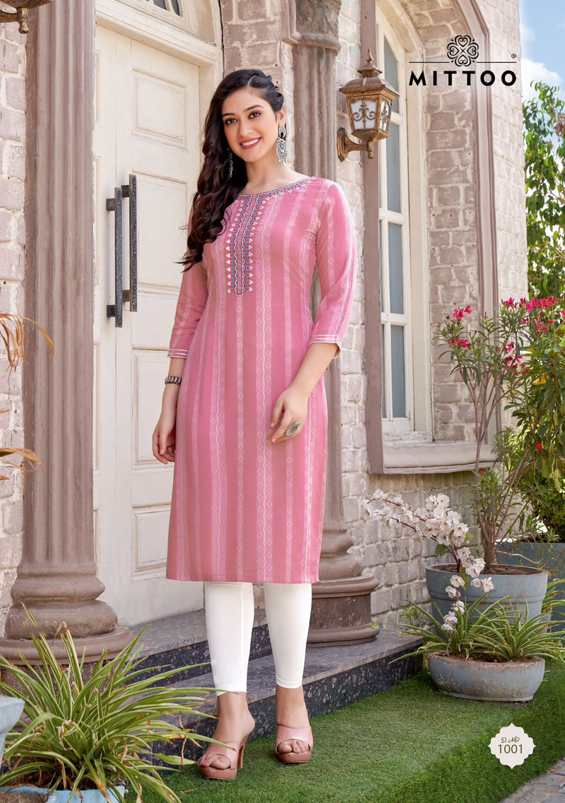 Mittoo Chand Rayon Weaving Embroidery Work Straight Kurtis For Woman