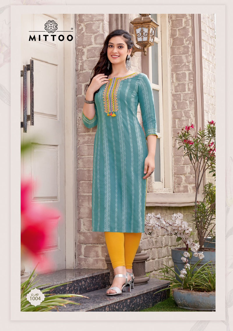 Mittoo Chand Rayon Weaving Embroidery Work Straight Kurtis For Woman