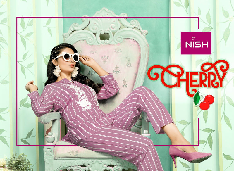 Nish Cherry Rayon Lining Fancy Designer Stylish Causal Wear Top With Pant Cord Sets