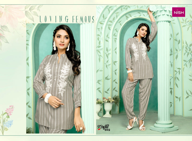 Nish Cherry Rayon Lining Fancy Designer Stylish Causal Wear Top With Pant Cord Sets