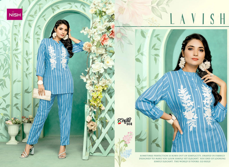 Nish Cherry Rayon Lining Fancy Designer Stylish Causal Wear Top With Pant Cord Sets