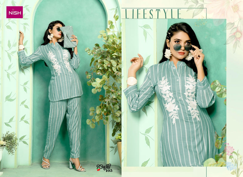 Nish Cherry Rayon Lining Fancy Designer Stylish Causal Wear Top With Pant Cord Sets