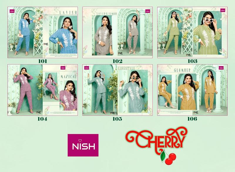 Nish Cherry Rayon Lining Fancy Designer Stylish Causal Wear Top With Pant Cord Sets