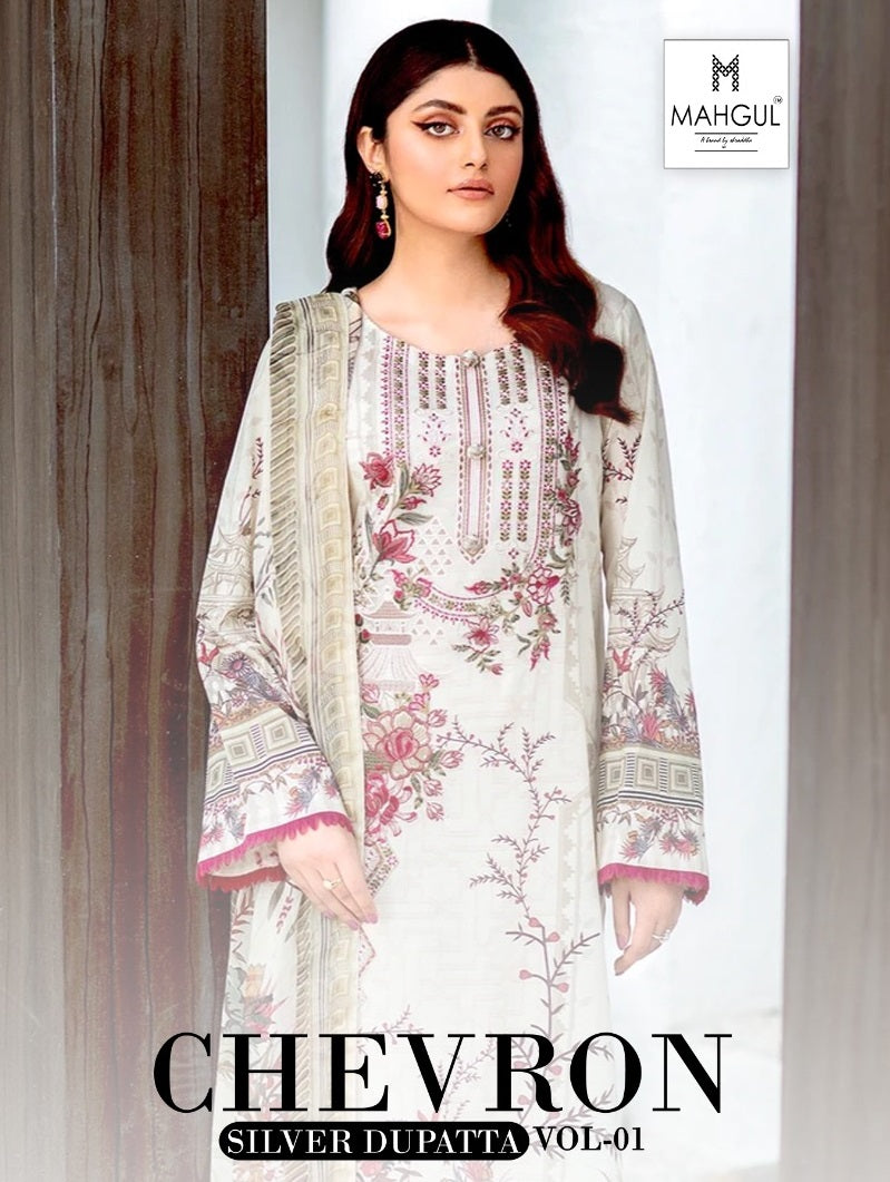 Sharaddha Designer Mahgul Chevron Vol 1 Lawn Cotton Print With Embroidery Work Suits