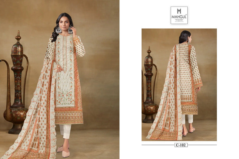 Sharaddha Designer Mahgul Chevron Vol 1 Lawn Cotton Print With Embroidery Work Suits