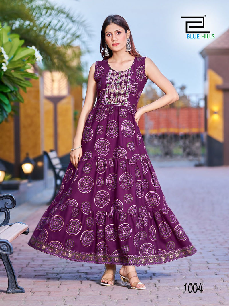 Blue Hills Cocktail Rayon Foil Print Designer Fancy Gowns