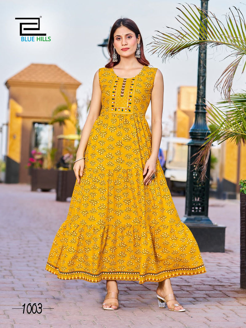 Blue Hills Cocktail Rayon Foil Print Designer Fancy Gowns
