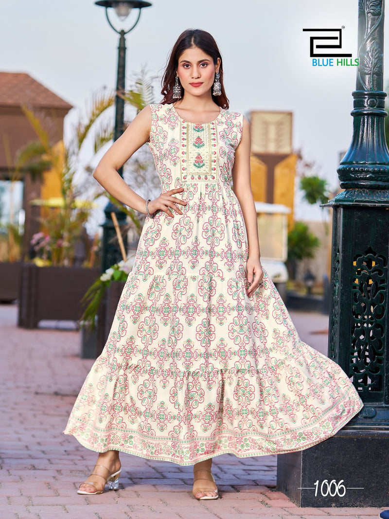 Blue Hills Cocktail Rayon Foil Print Designer Fancy Gowns