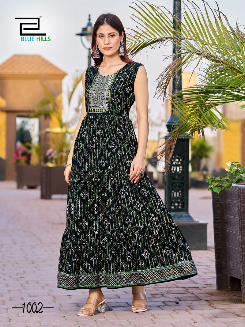 Blue Hills Cocktail Rayon Foil Print Designer Fancy Gowns