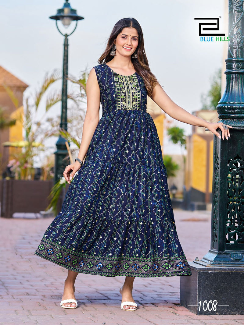 Blue Hills Cocktail Rayon Foil Print Designer Fancy Gowns