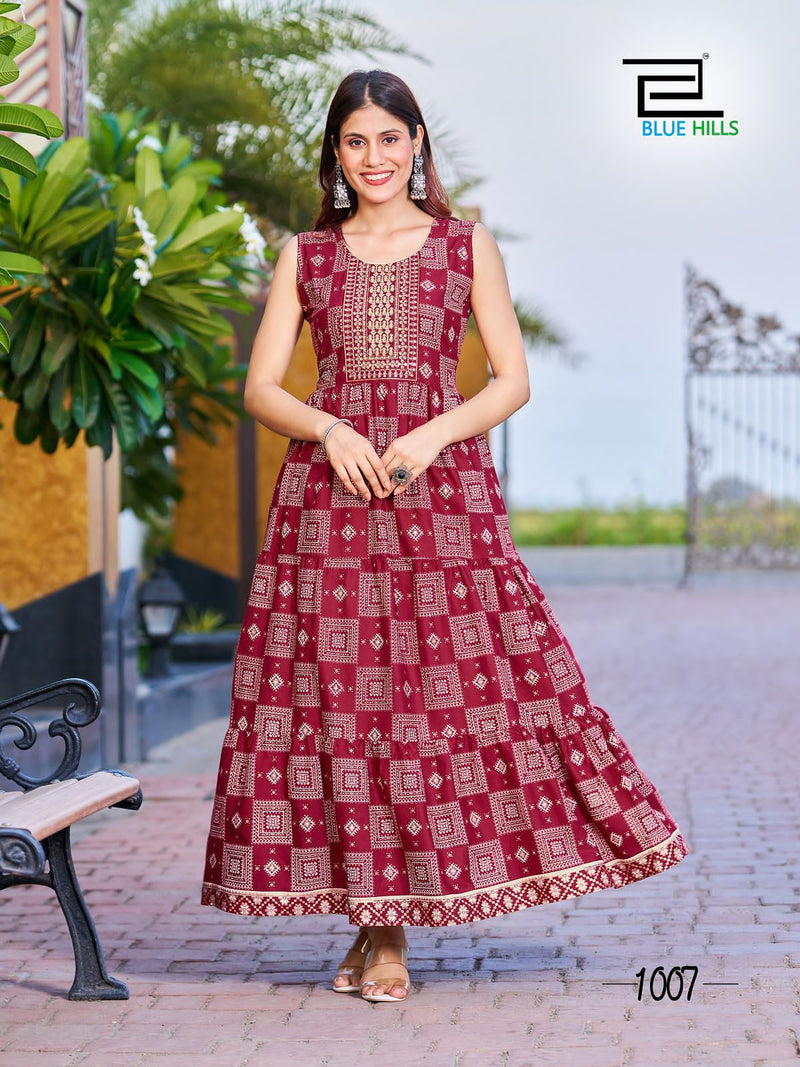 Blue Hills Cocktail Rayon Foil Print Designer Fancy Gowns