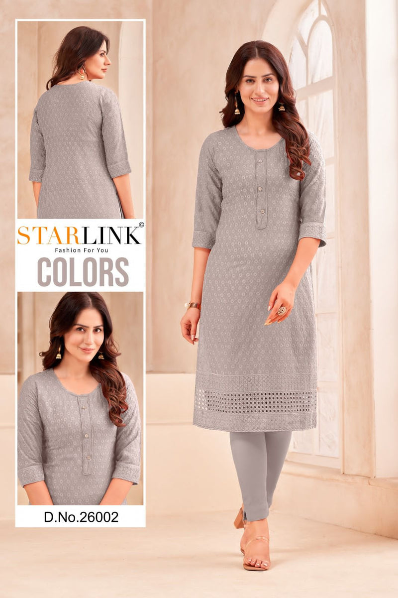 Starlink Colors Cotton Schiffli Fabric Fancy Straight Kurtis