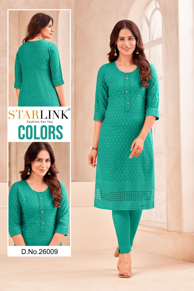 Starlink Colors Cotton Schiffli Fabric Fancy Straight Kurtis