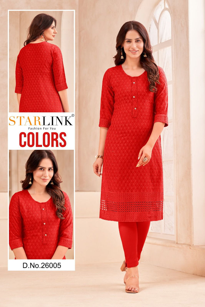 Starlink Colors Cotton Schiffli Fabric Fancy Straight Kurtis