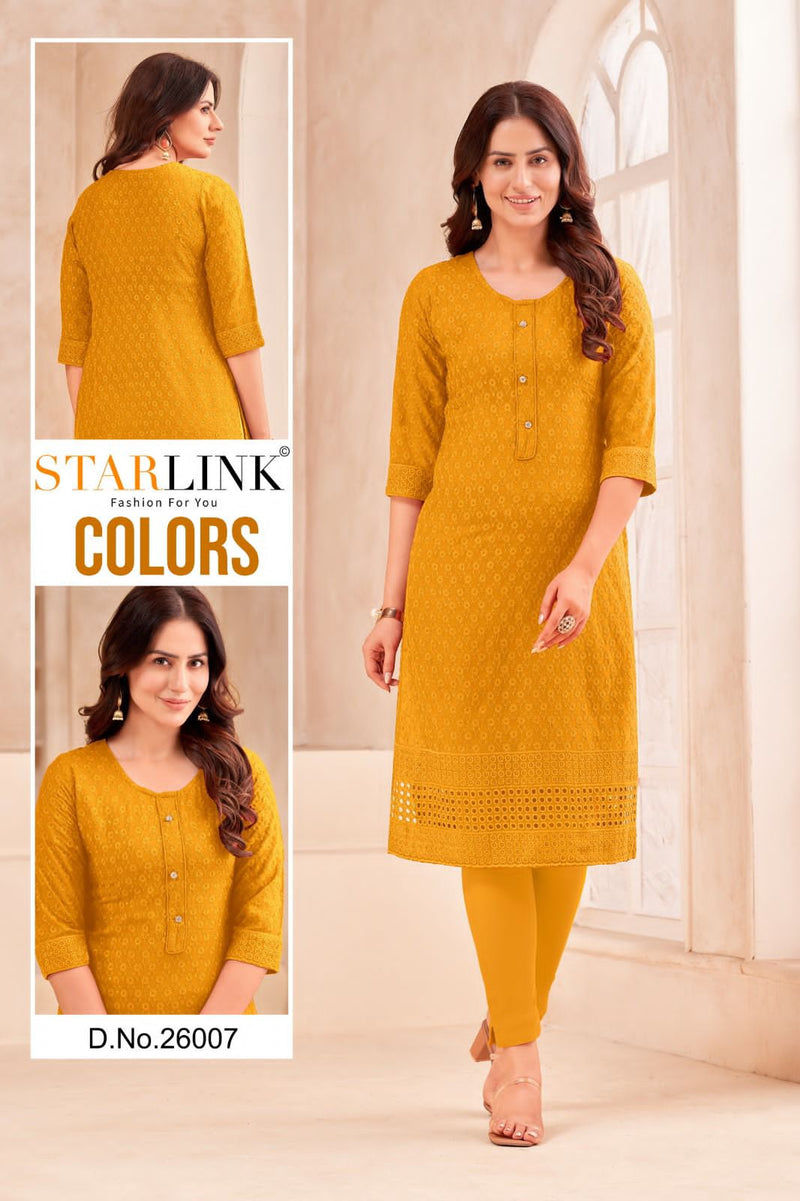 Starlink Colors Cotton Schiffli Fabric Fancy Straight Kurtis